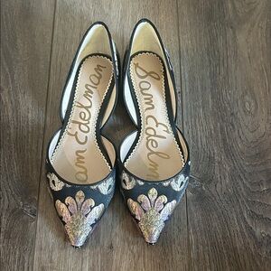 Sam Edelman Black and Gold Embroidered Flats